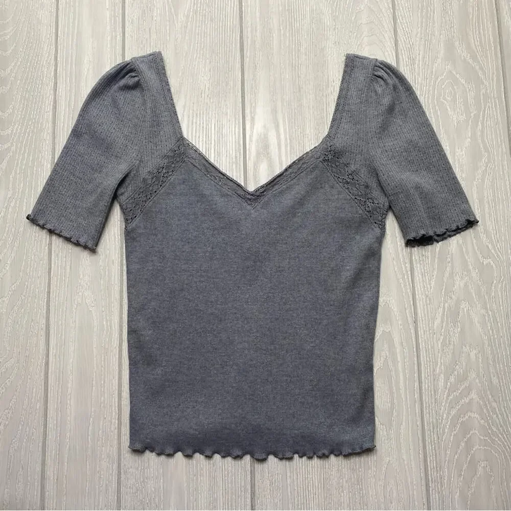 Free People Womens Margaux Charcoal Gray Ribbed Stretchy Pullover Top Size Small